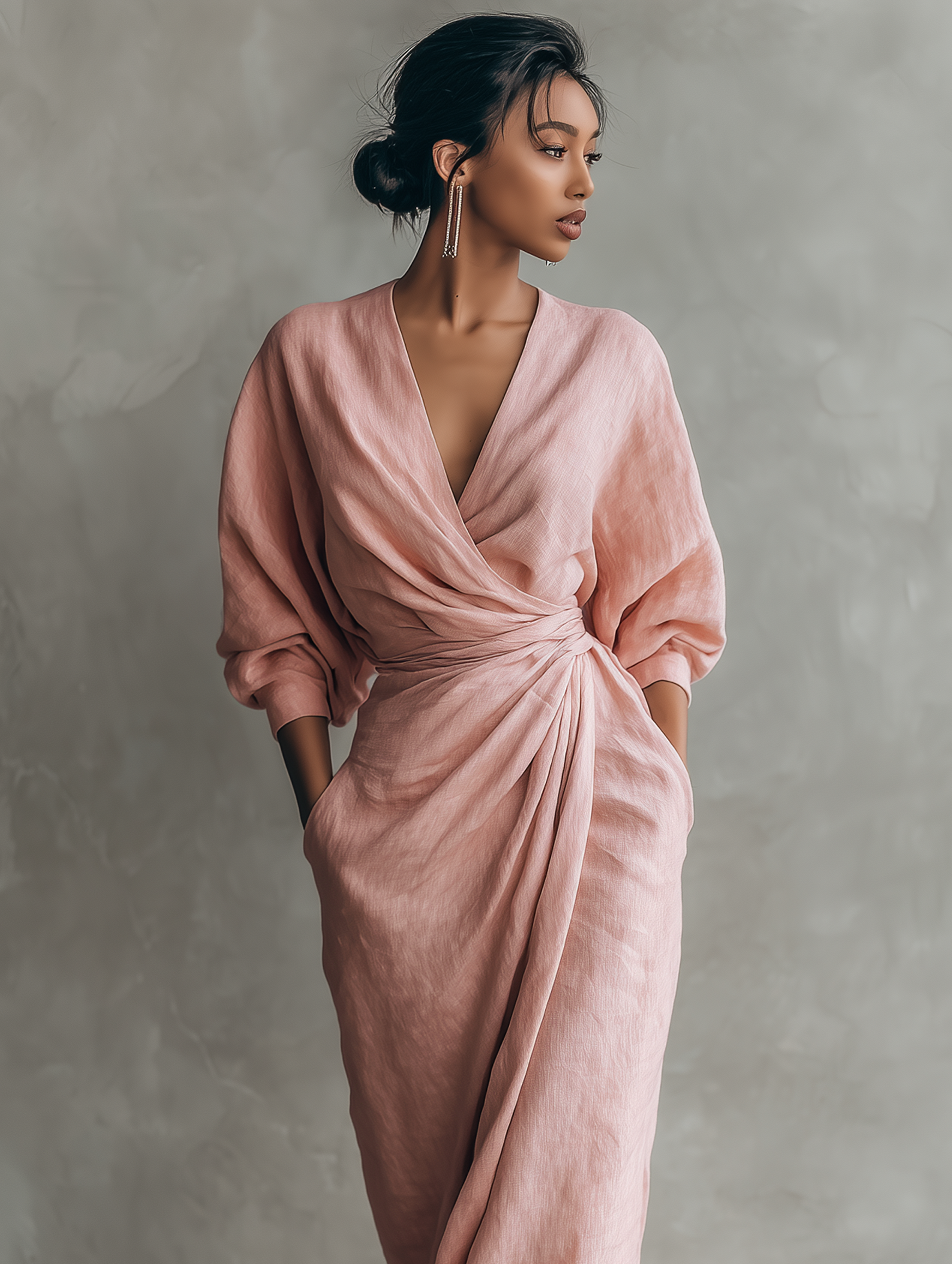 Vestido largo minimalista rosa con cuello en V, de mezcla de lino, para mujer