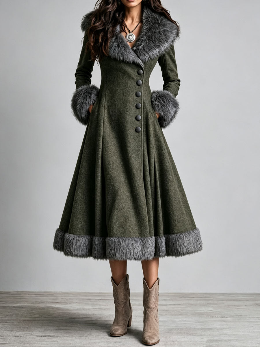 Abrigo Vestido Largo Boho Western de Lana con Ribete de Piel, Cintura Entallada y Falda Acampanada