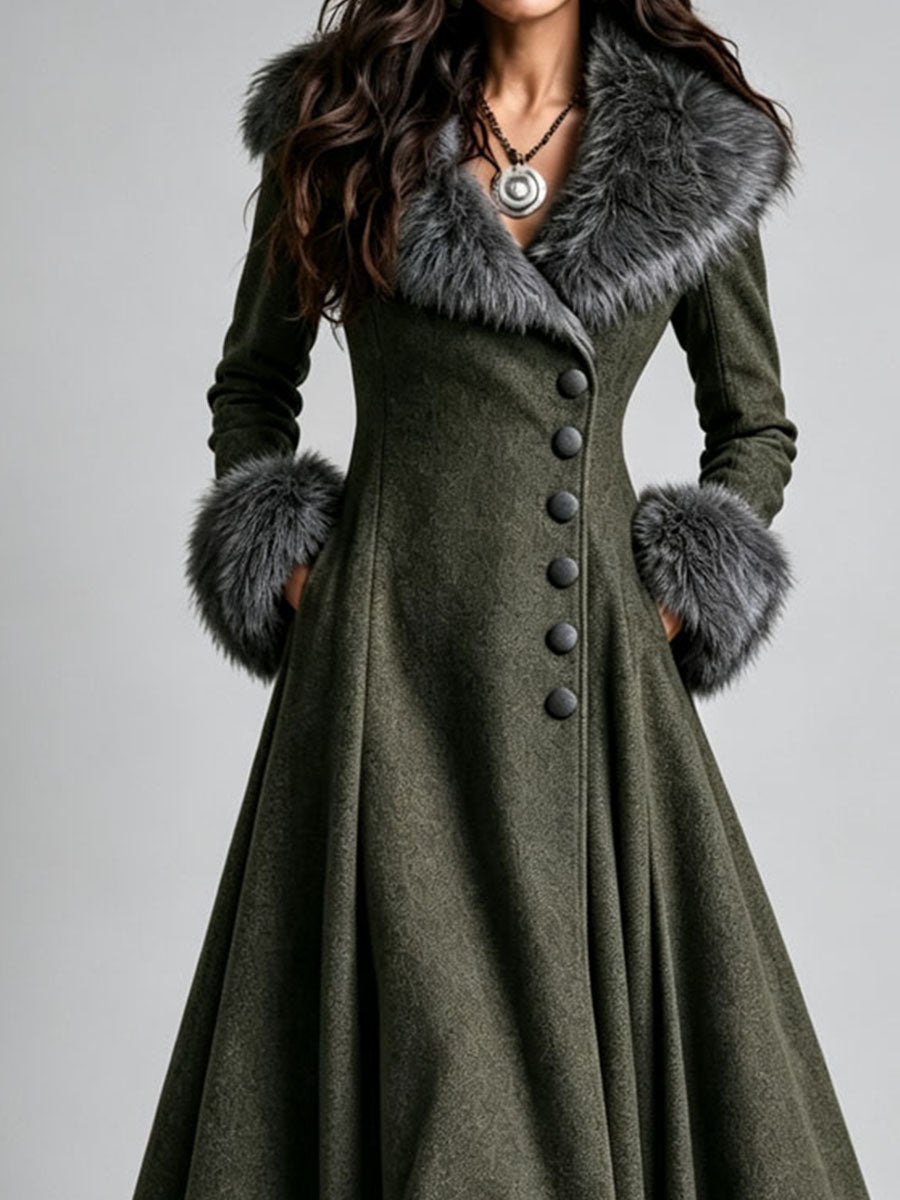 Abrigo Vestido Largo Boho Western de Lana con Ribete de Piel, Cintura Entallada y Falda Acampanada