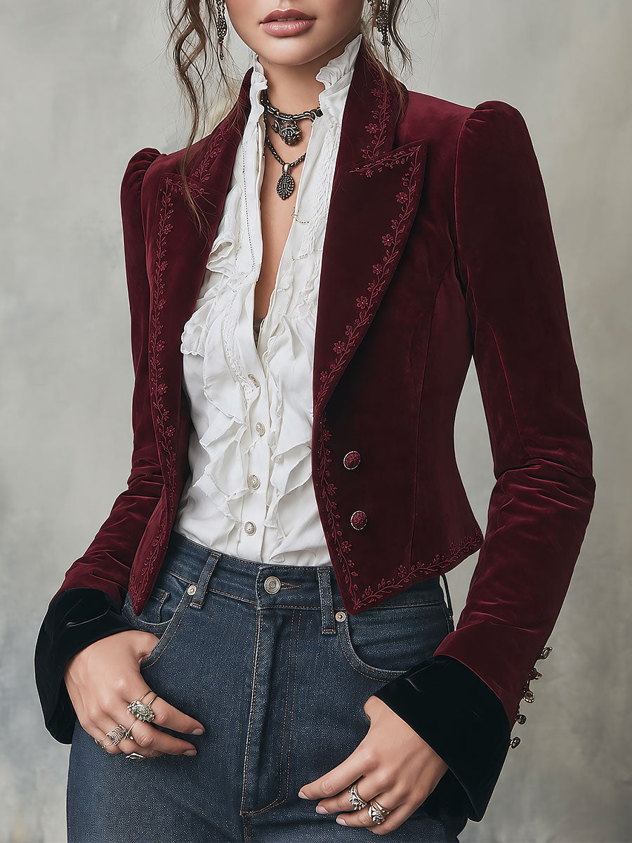 Blazer Entallado Quiet Luxury de Terciopelo Bordado con Solapa de Pico