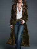 Abrigo Largo Boho Luxe Verde Olivo de Terciopelo con Solapa de Leopardo