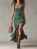 Zara - Vestido largo de estilo boho retro con mangas fruncidas y abertura alta