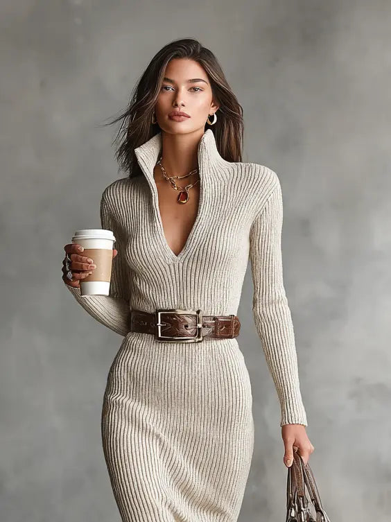 Irene | Vestido midi de punto con cuello alto, escote en V y cinturón