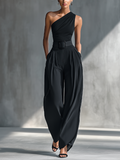 Top de punto negro muy elástico para mujer y pantalones anchos de acetato