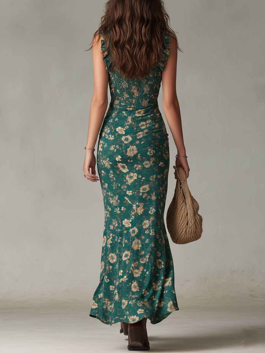 Zara - Vestido largo de estilo boho retro con mangas fruncidas y abertura alta