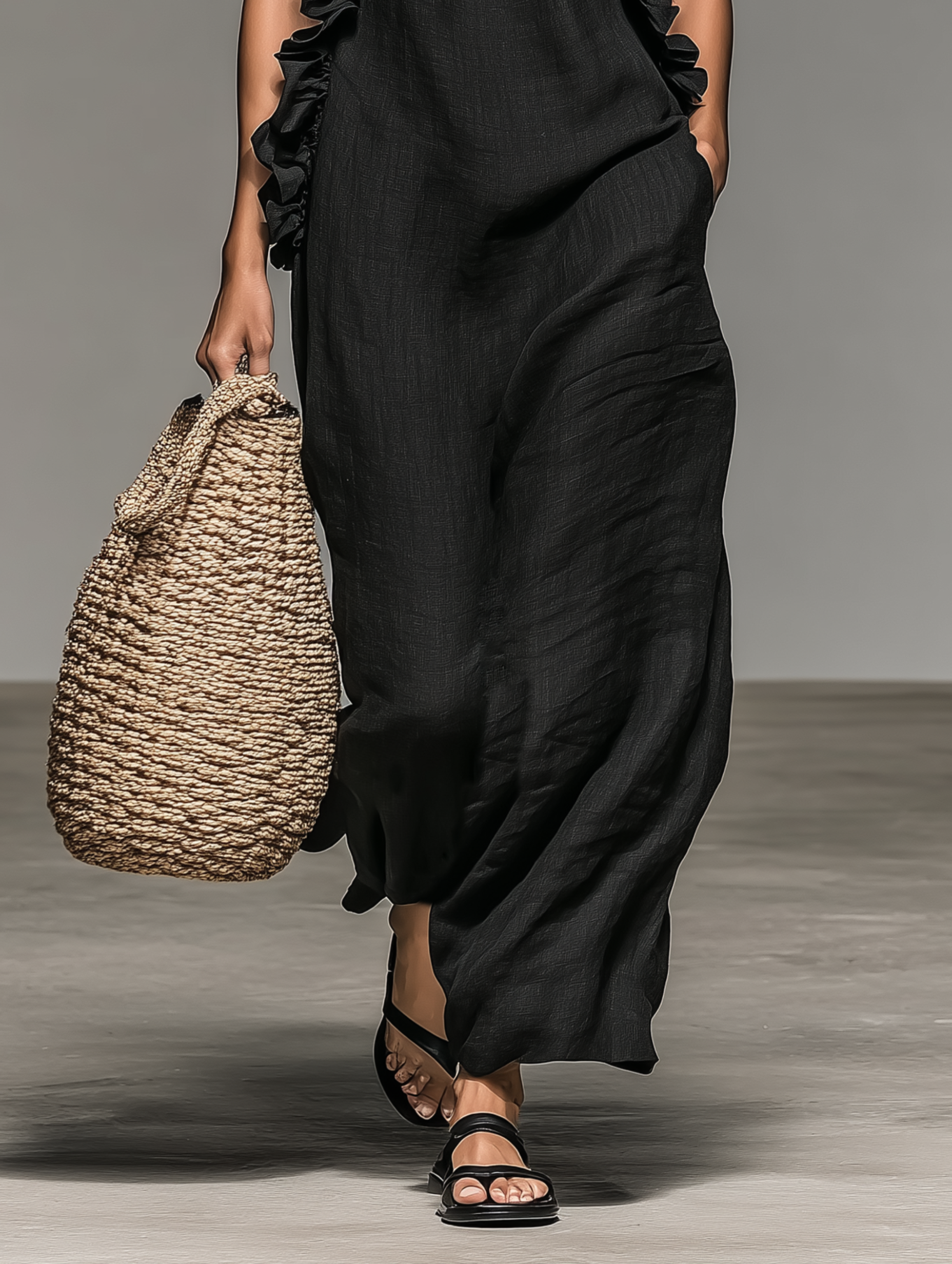 Vestido largo sin mangas minimalista para mujer, de mezcla de lino con detalles de volantes