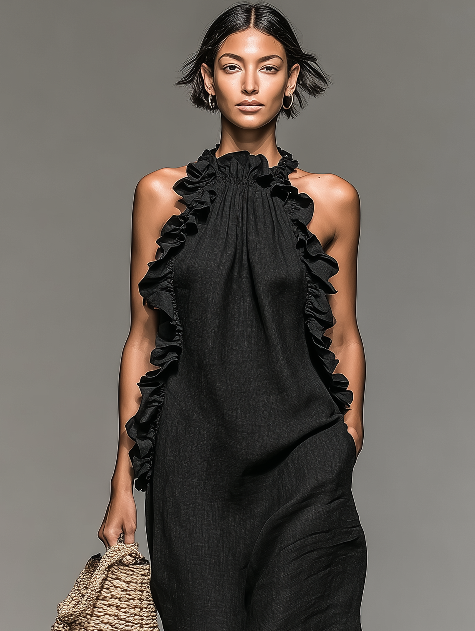 Vestido largo sin mangas minimalista para mujer, de mezcla de lino con detalles de volantes