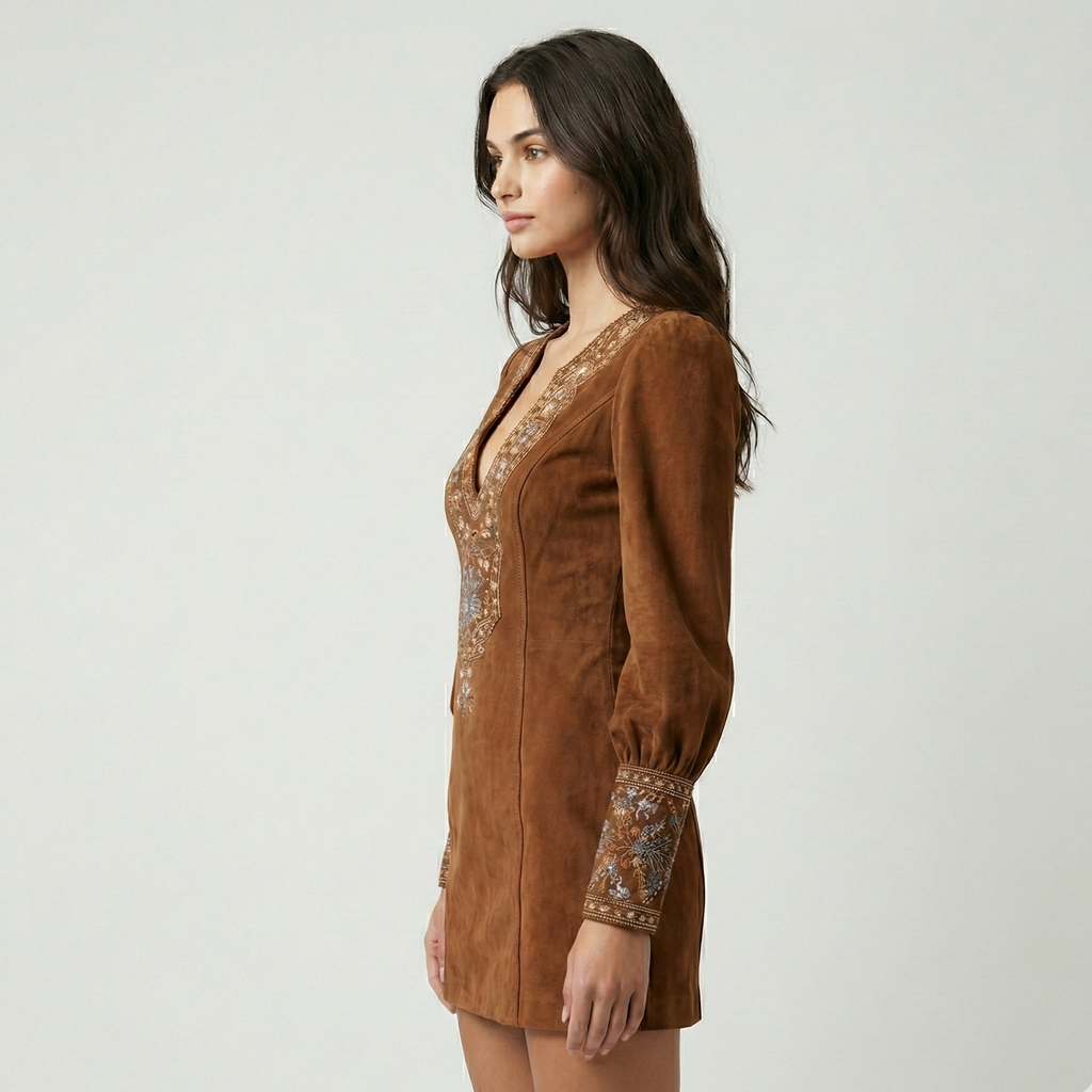Amalia | Mini vestido vintage de ante con bordado