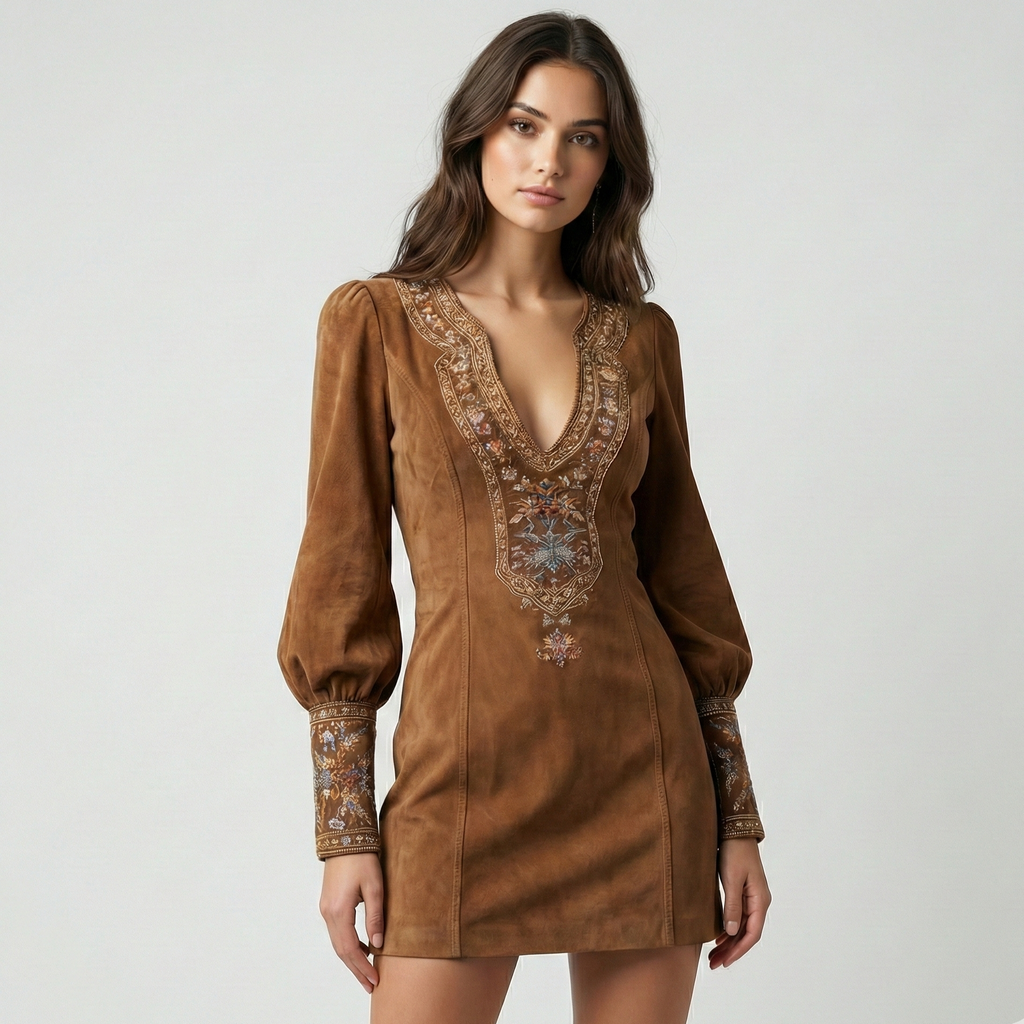 Amalia | Mini vestido vintage de ante con bordado