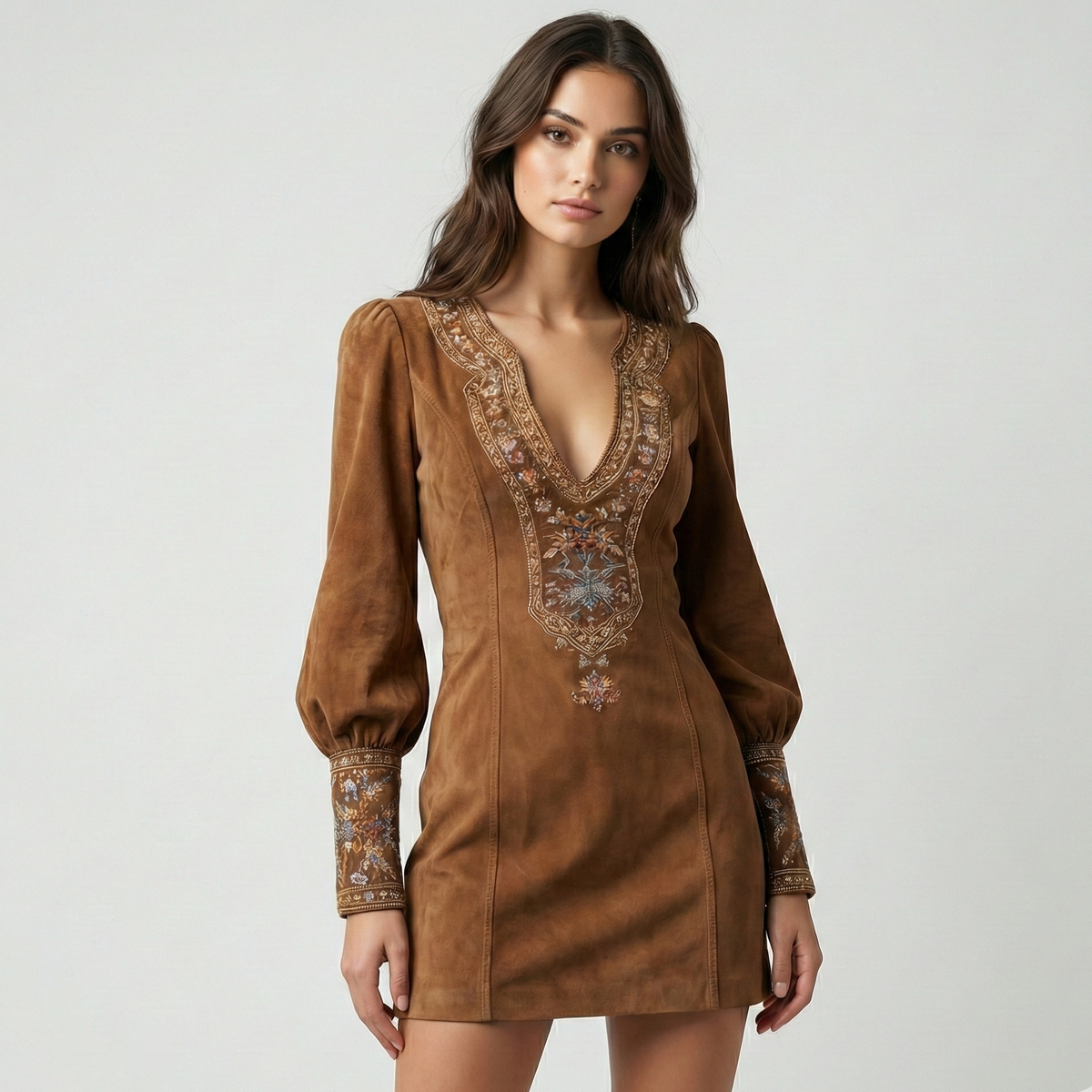 Amalia | Mini vestido vintage de ante con bordado