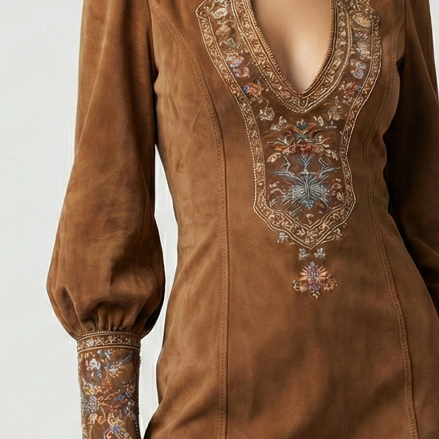 Amalia | Mini vestido vintage de ante con bordado