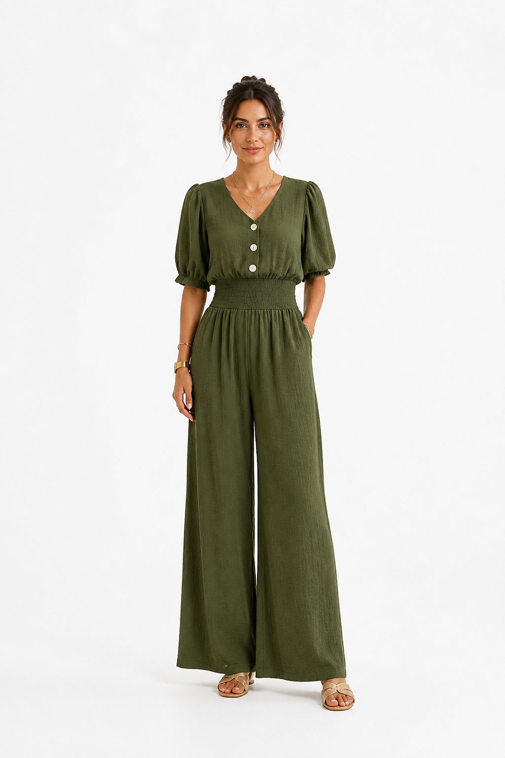Mono elegante de mujer con cuello en V, cintura ajustada