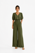 Mono elegante de mujer con cuello en V, cintura ajustada