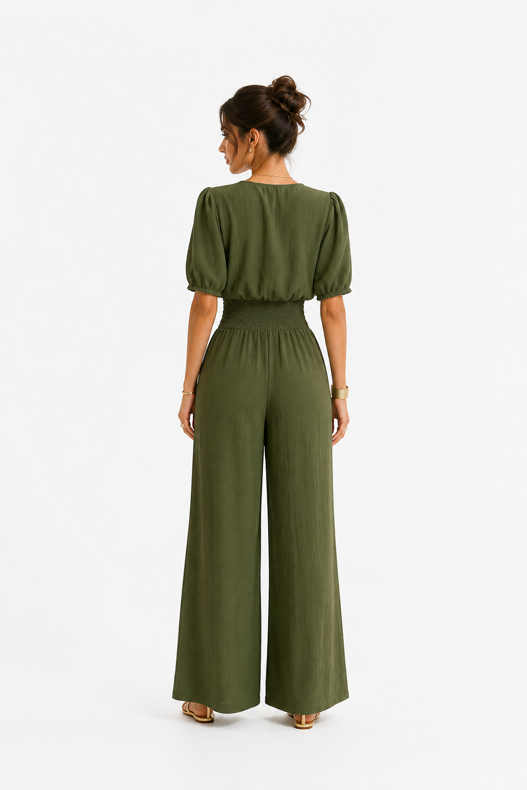 Mono elegante de mujer con cuello en V, cintura ajustada