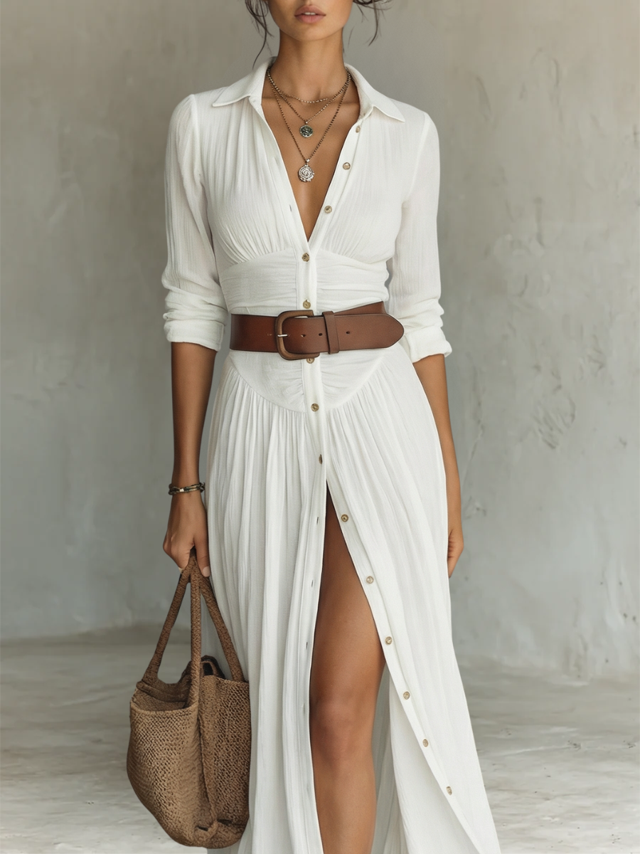 Vestido largo maxi para mujer con cuello con solapas y mangas largas en lino.