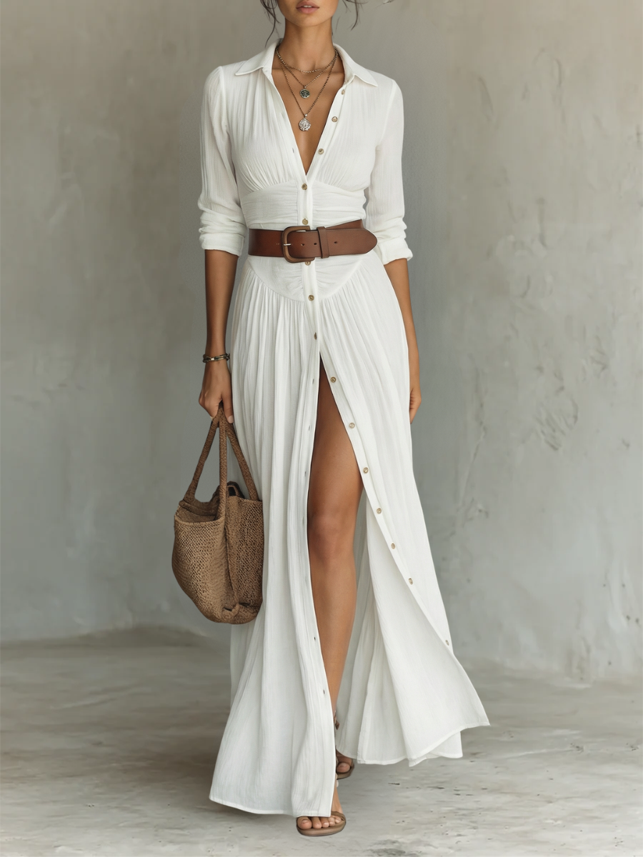 Vestido largo maxi para mujer con cuello con solapas y mangas largas en lino.