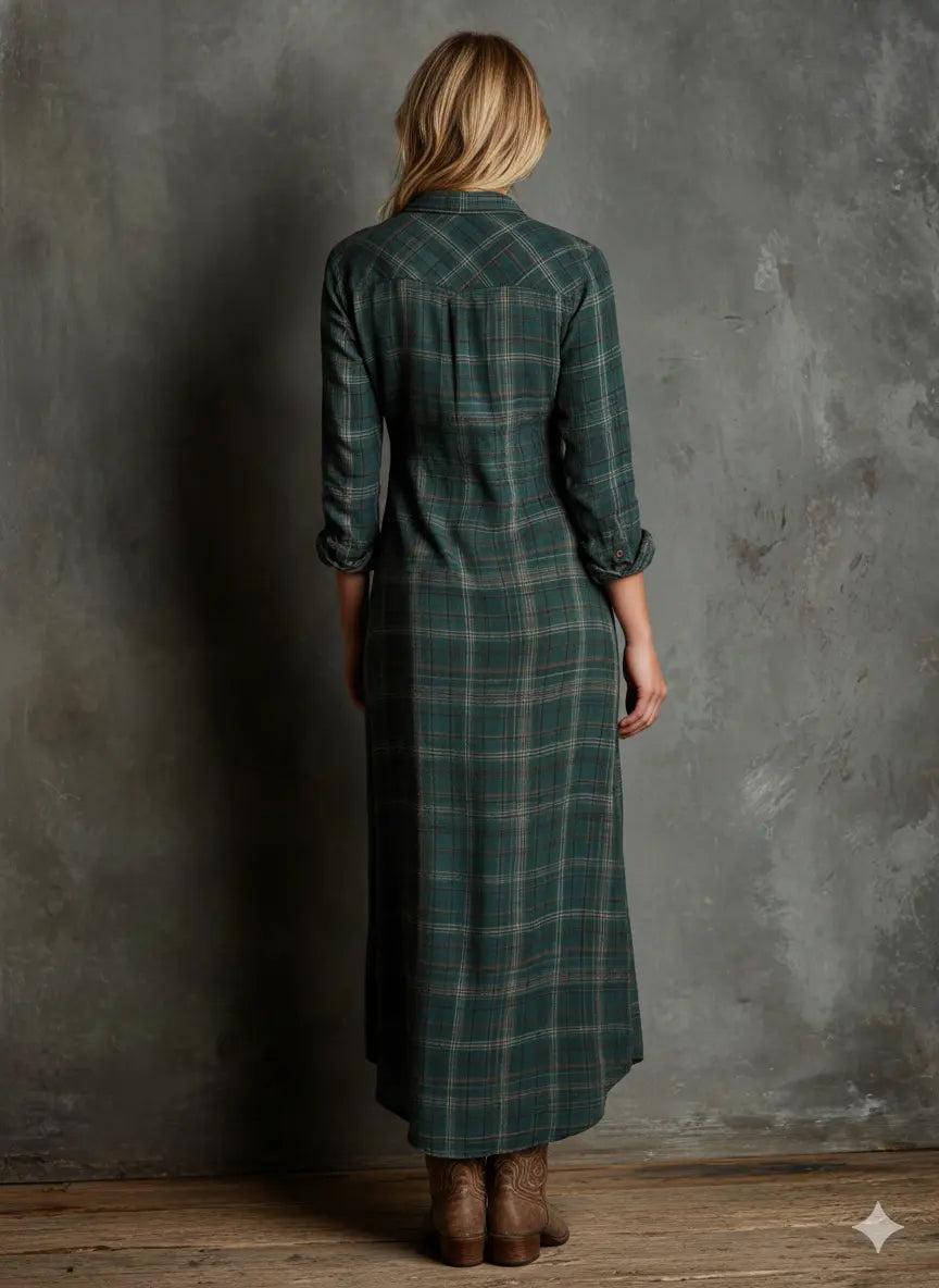 Renata | Vestido maxi camisero de cuadros con solapas