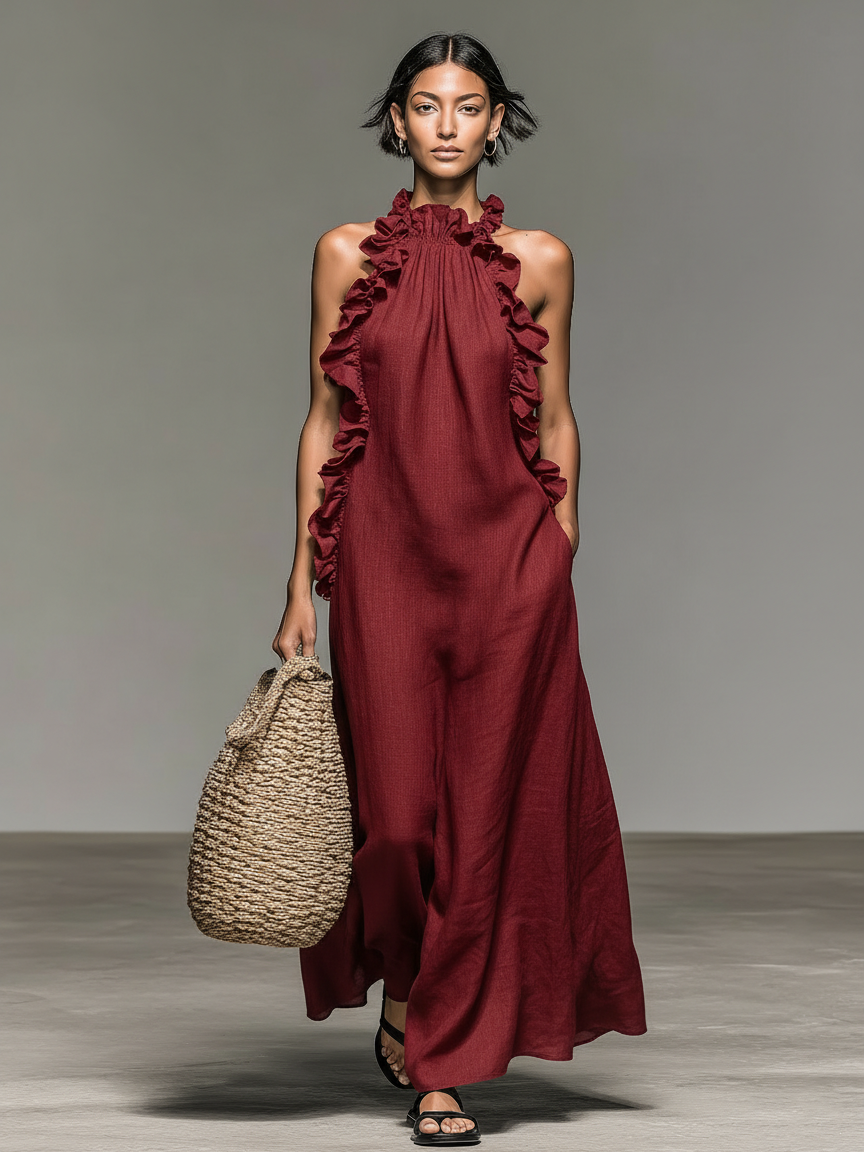 Vestido largo sin mangas minimalista para mujer, de mezcla de lino con detalles de volantes
