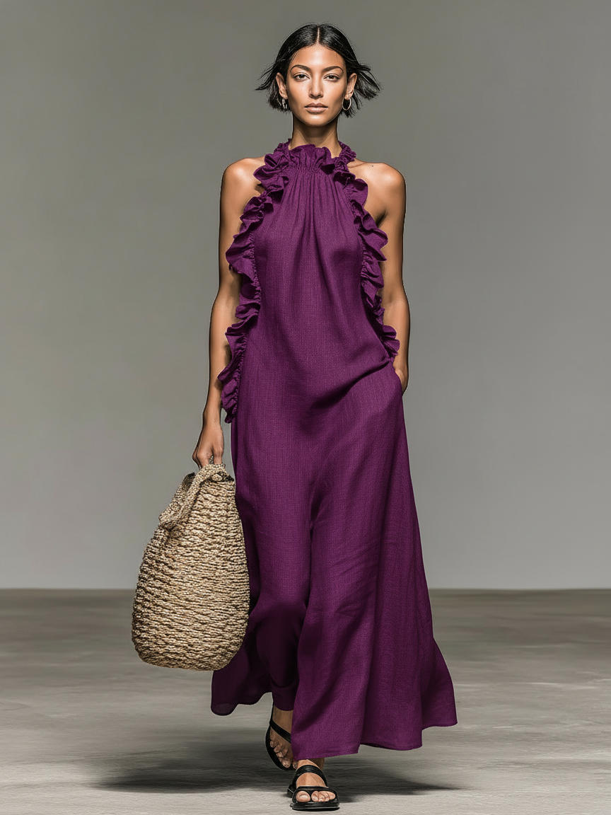 Vestido largo sin mangas minimalista para mujer, de mezcla de lino con detalles de volantes