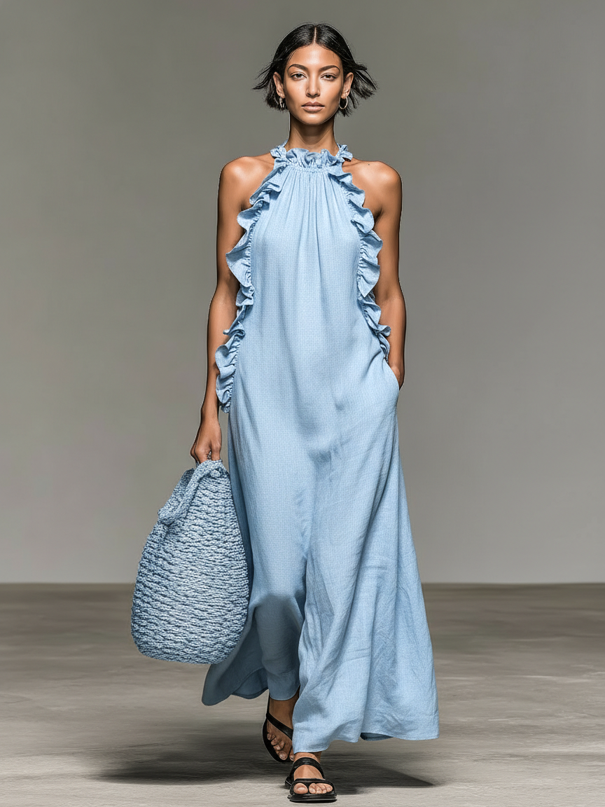 Vestido largo sin mangas minimalista para mujer, de mezcla de lino con detalles de volantes