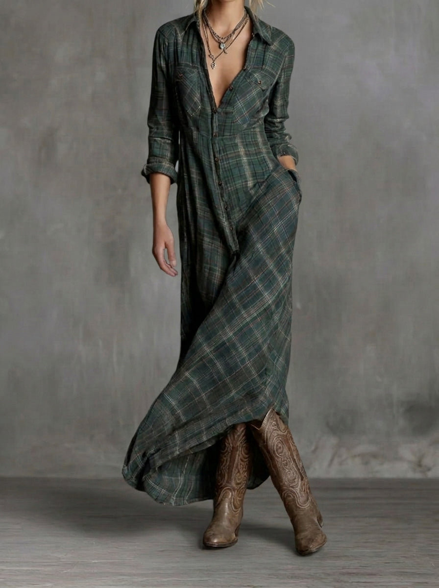 Renata | Vestido maxi camisero de cuadros con solapas
