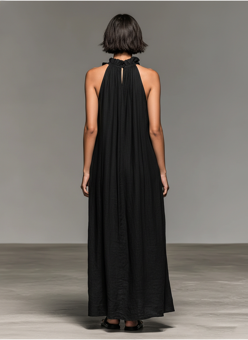 Vestido largo sin mangas minimalista para mujer, de mezcla de lino con detalles de volantes