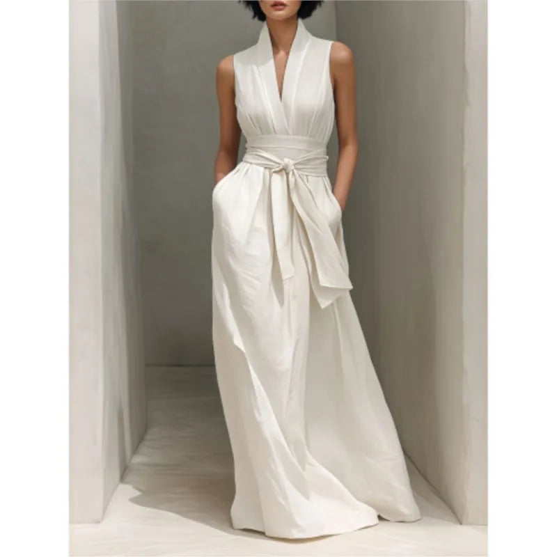 Vestido largo sin mangas liso de mujer, elegante vestido de primavera con cuello en V