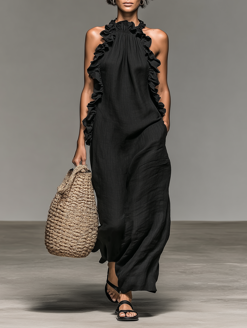Vestido largo sin mangas minimalista para mujer, de mezcla de lino con detalles de volantes