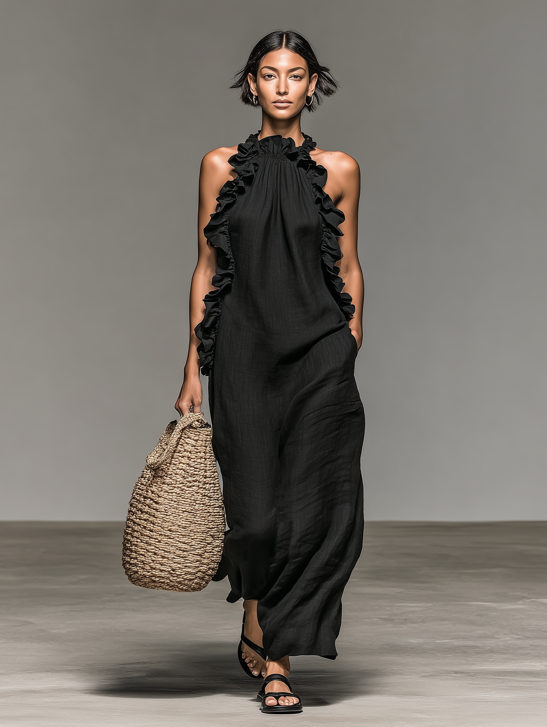 Vestido largo sin mangas minimalista para mujer, de mezcla de lino con detalles de volantes