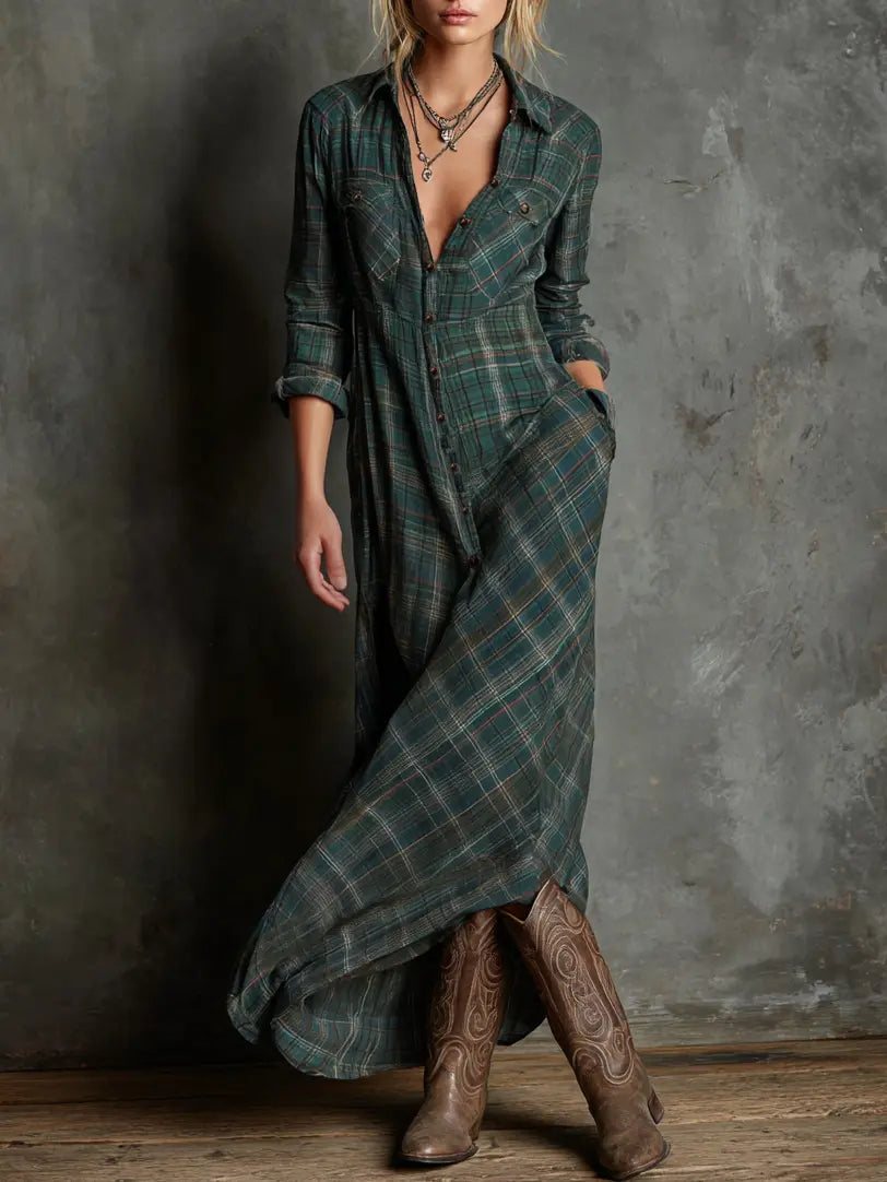 Renata | Vestido maxi camisero de cuadros con solapas