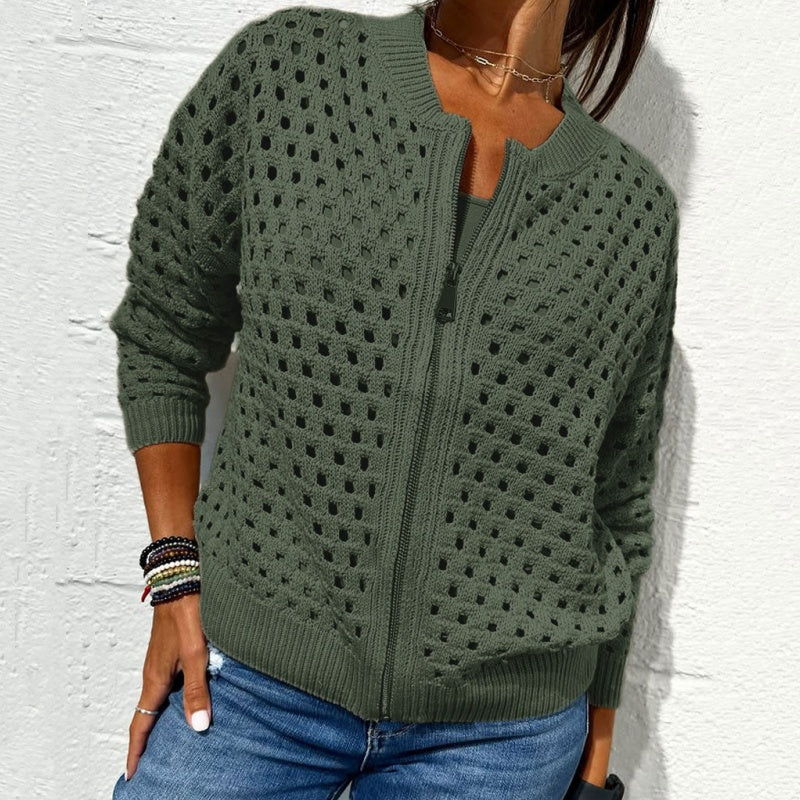 Chaqueta informal de punto con cremallera para mujer y diseño calado.